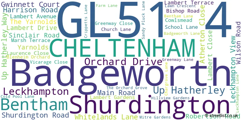 A word cloud for the GL51 4 postcode