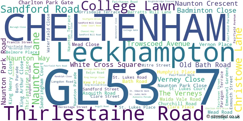 A word cloud for the GL53 7 postcode