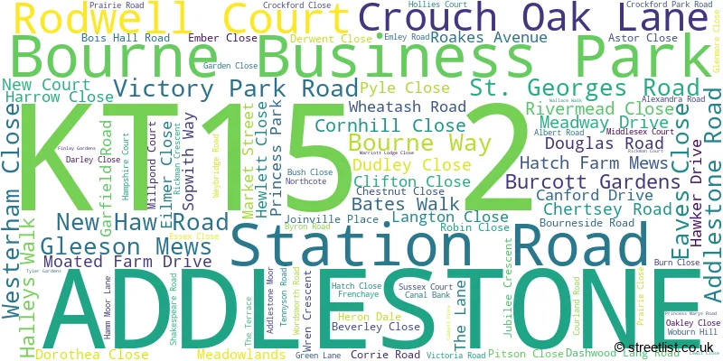 A word cloud for the KT15 2 postcode