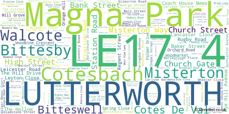 A word cloud for the LE17 4 postcode