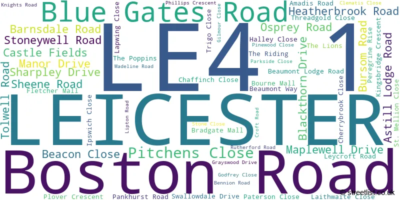 A word cloud for the LE4 1 postcode