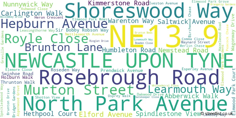 A word cloud for the NE13 9 postcode