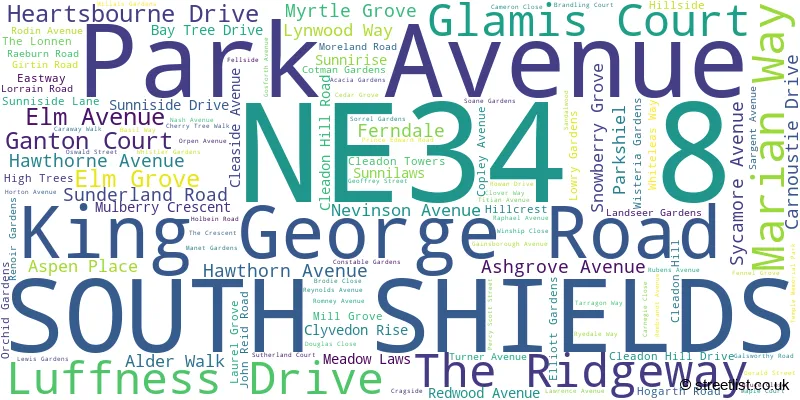 A word cloud for the NE34 8 postcode