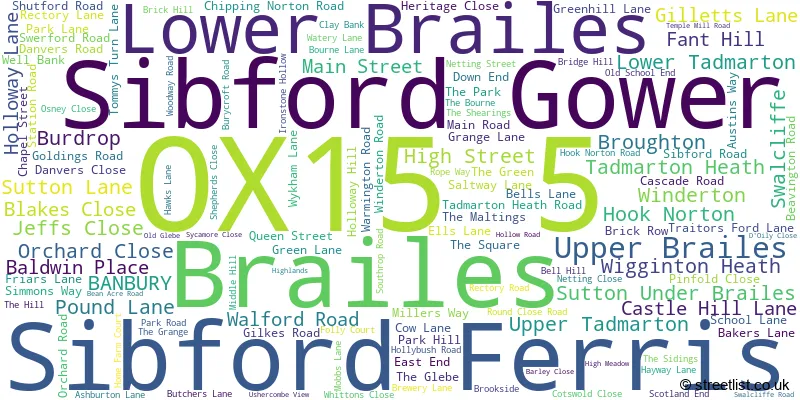 A word cloud for the OX15 5 postcode