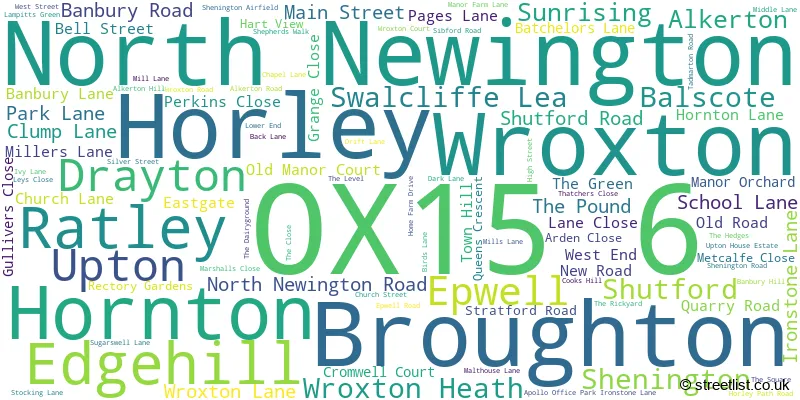A word cloud for the OX15 6 postcode