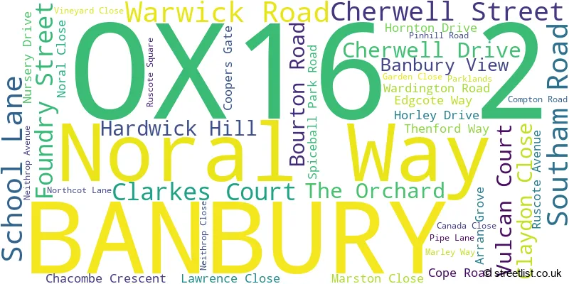 A word cloud for the OX16 2 postcode