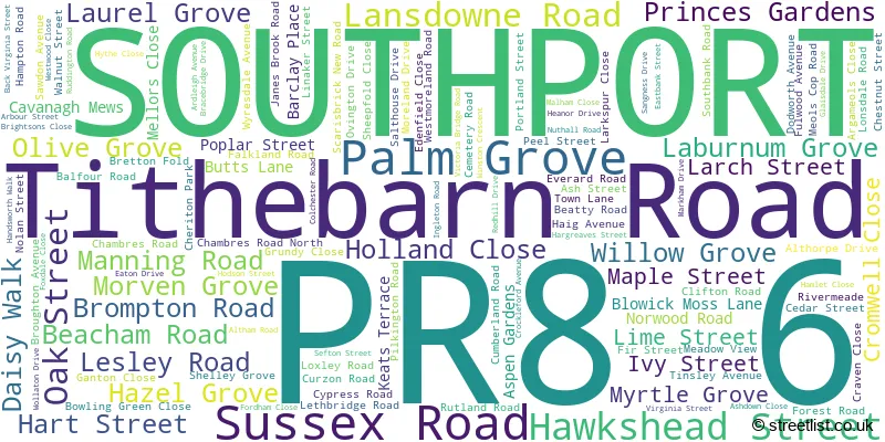 A word cloud for the PR8 6 postcode