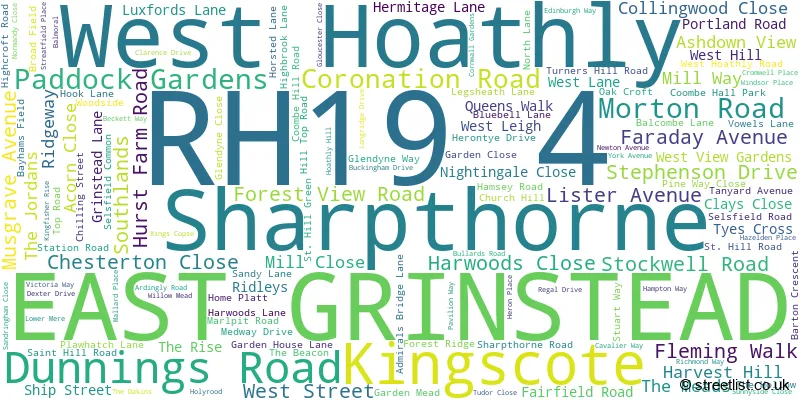 A word cloud for the RH19 4 postcode