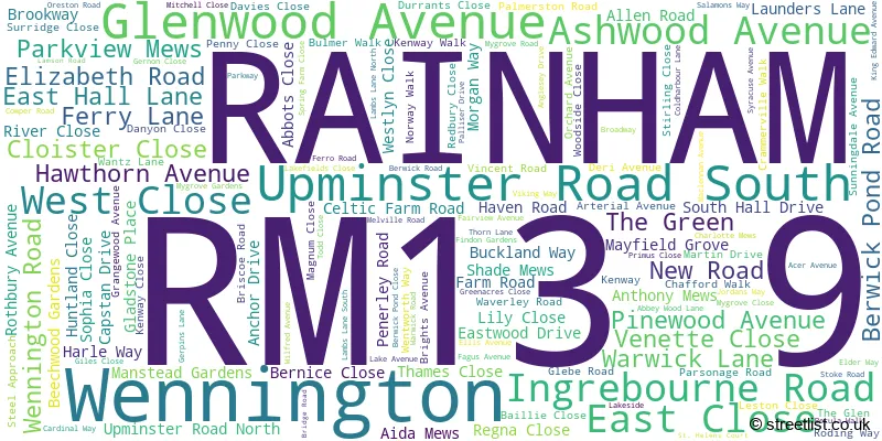 A word cloud for the RM13 9 postcode