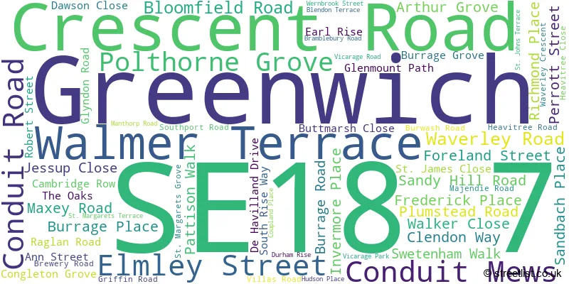 A word cloud for the SE18 7 postcode