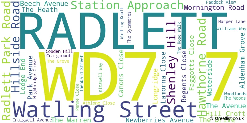 A word cloud for the WD7 7 postcode