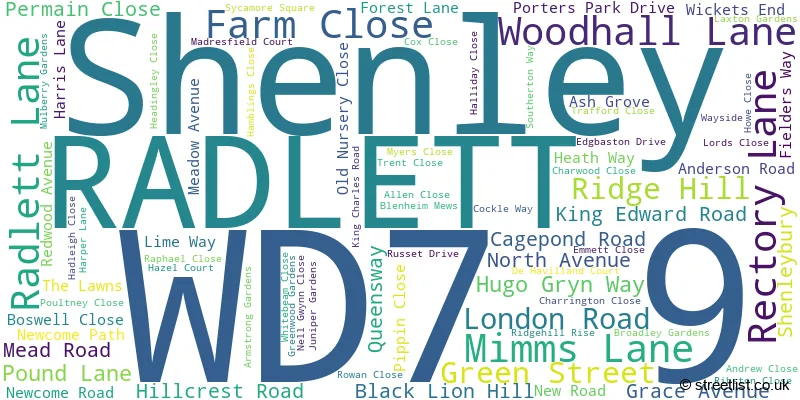 A word cloud for the WD7 9 postcode