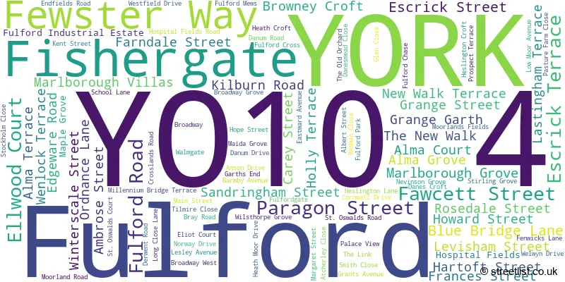A word cloud for the YO10 4 postcode