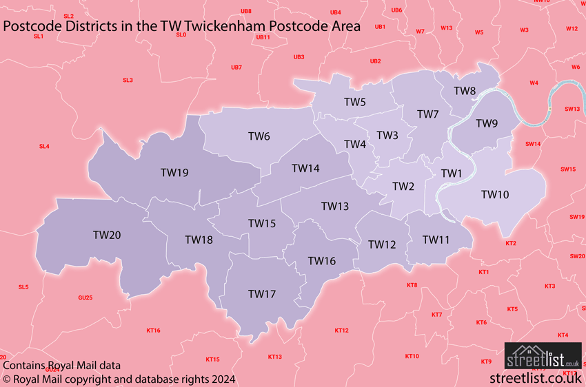 Map of the TW Postcode Area