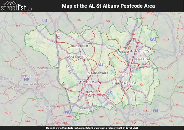 Map of the AL Postcode Area