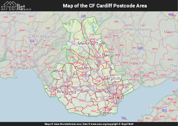 Map of the CF Postcode Area