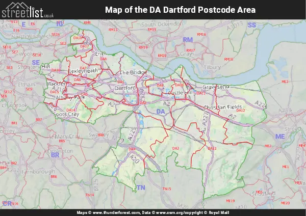 Map of the DA Postcode Area
