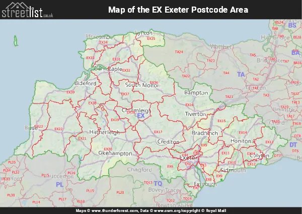 Map of the EX Postcode Area