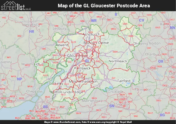 Map of the GL Postcode Area