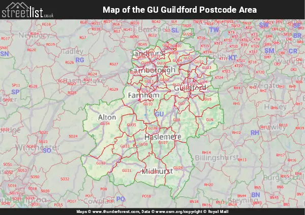 Map of the GU Postcode Area