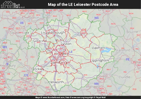 Map of the LE Postcode Area