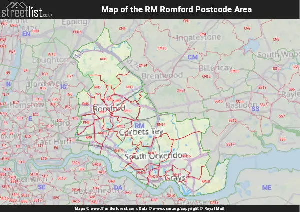 Map of the RM Postcode Area