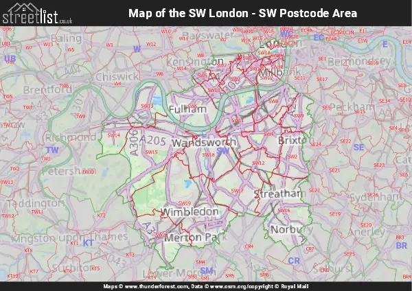 Map of the SW Postcode Area
