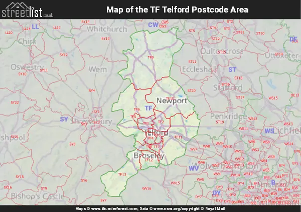 Map of the TF Postcode Area