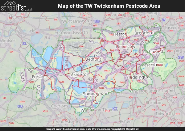 Map of the TW Postcode Area