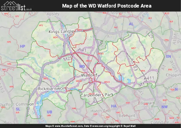 Map of the WD Postcode Area