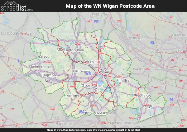 Map of the WN Postcode Area