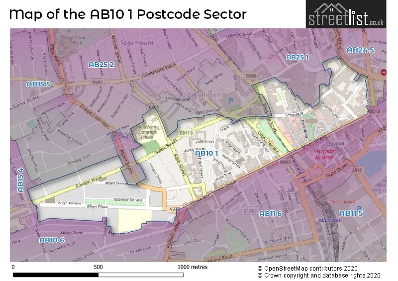 Map of the AB10 1 and surrounding postcode sector