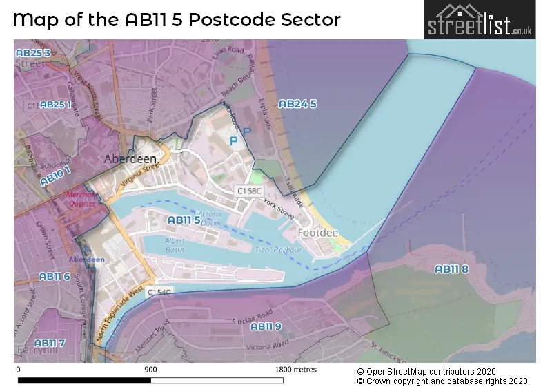 Map of the AB11 5 and surrounding postcode sector