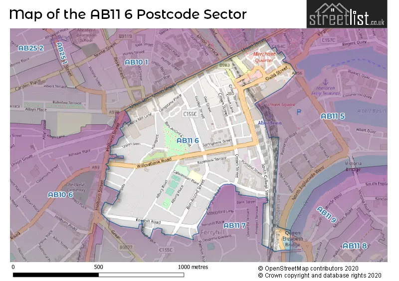 Map of the AB11 6 and surrounding postcode sector