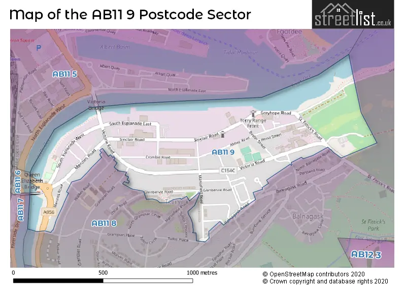 Map of the AB11 9 and surrounding postcode sector