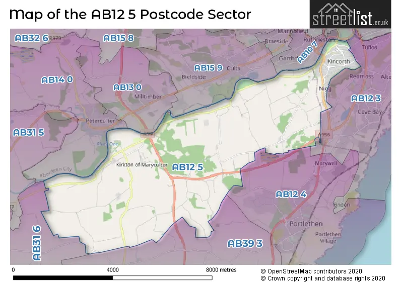 Map of the AB12 5 and surrounding postcode sector