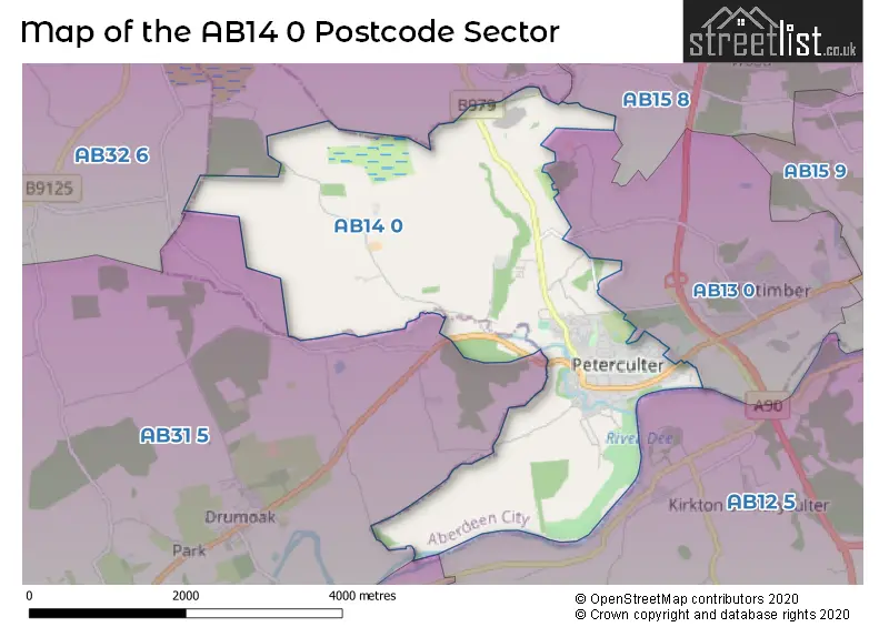 Map of the AB14 0 and surrounding postcode sector