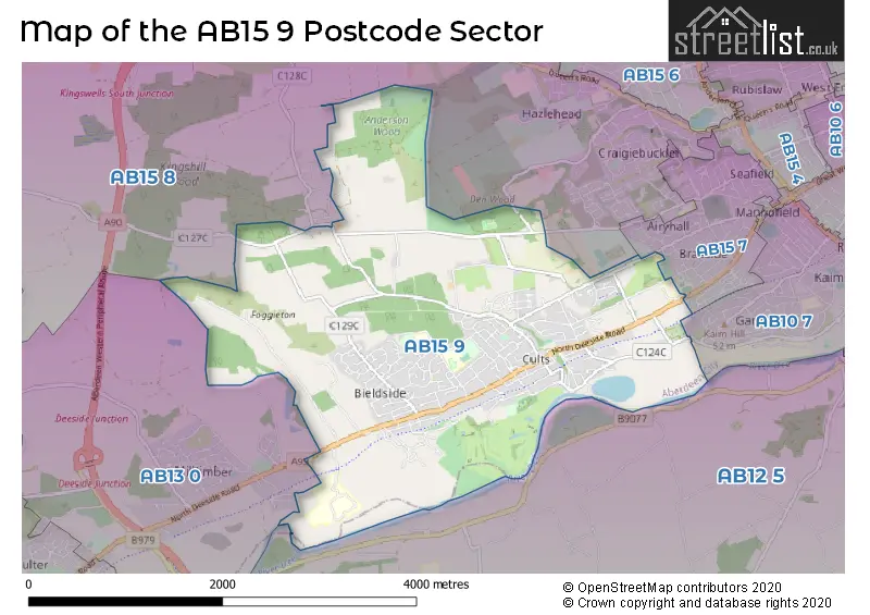 Map of the AB15 9 and surrounding postcode sector