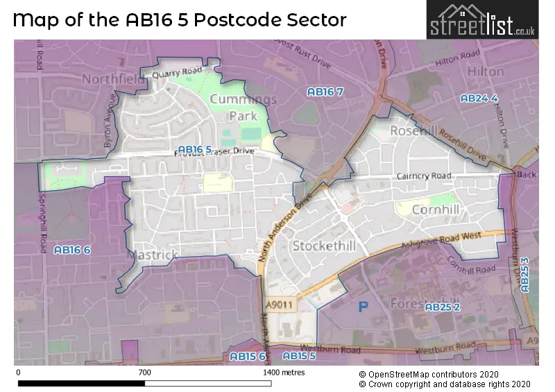 Map of the AB16 5 and surrounding postcode sector