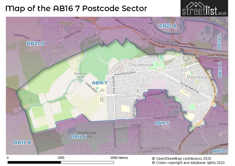 Map of the AB16 7 and surrounding postcode sector