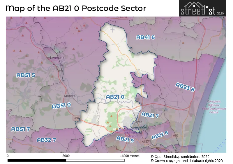 Map of the AB21 0 and surrounding postcode sector