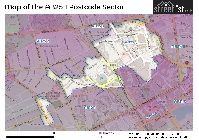 Map of the AB25 1 and surrounding postcode sector