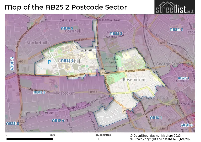 Map of the AB25 2 and surrounding postcode sector