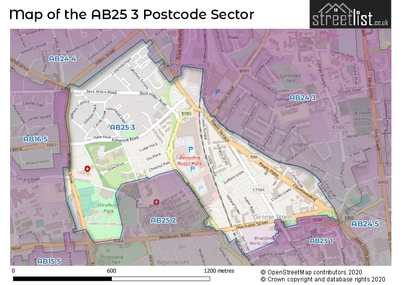 Map of the AB25 3 and surrounding postcode sector