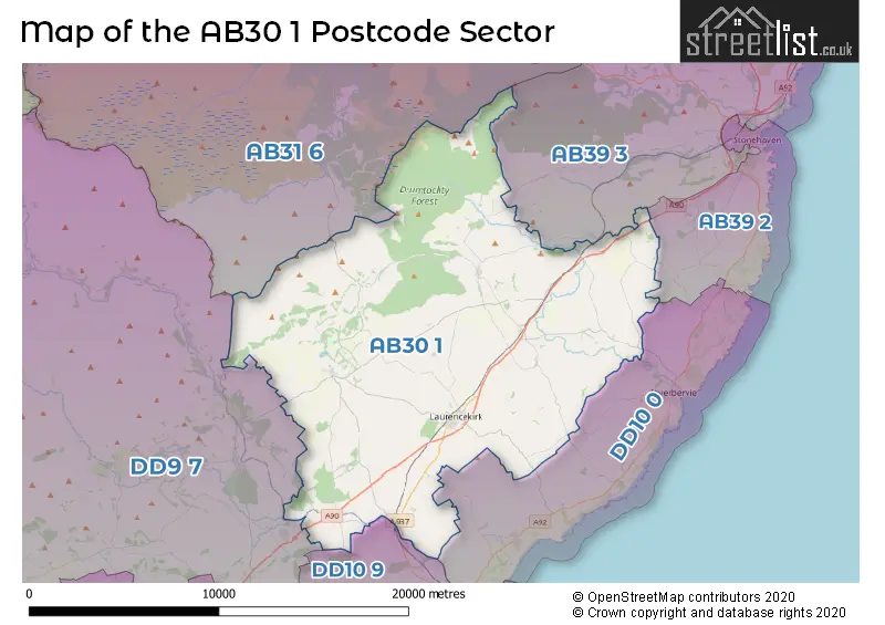 Map of the AB30 1 and surrounding postcode sector