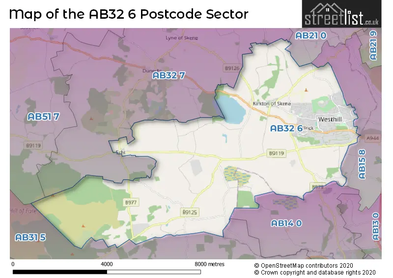 Map of the AB32 6 and surrounding postcode sector