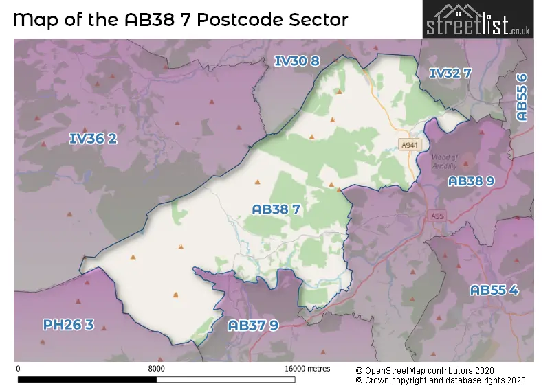 Map of the AB38 7 and surrounding postcode sector
