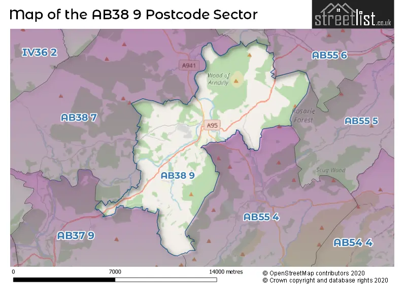 Map of the AB38 9 and surrounding postcode sector