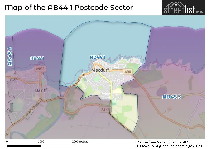 Map of the AB44 1 and surrounding postcode sector