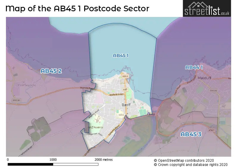 Map of the AB45 1 and surrounding postcode sector